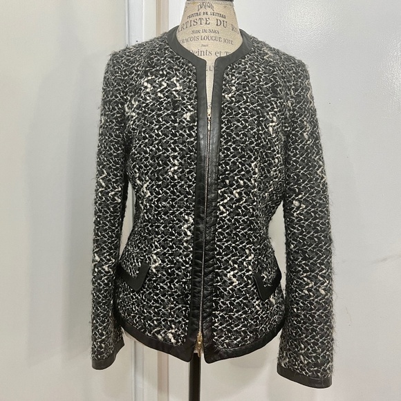 Dana Buchman Blazer Women Tweed Wool genuine leather trim Golden Zipper Size 10 - Picture 1 of 16